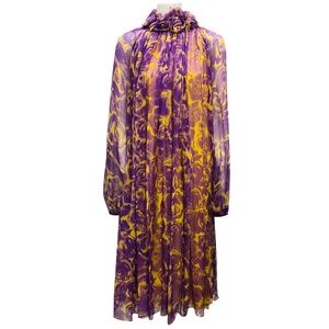 BURBERRY PURPLE / MUSTARD YELLOW FLORAL ROSE PRINT SILK CHIFFON MIDI DRESS